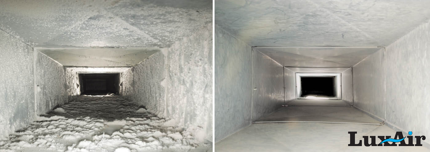 Real LuxAir before-and-after: a dust-caked Cache Valley air duct cleaned to bare metal
